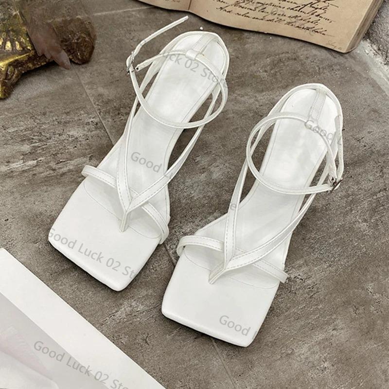Fashion 2025 New Fashion Pinch Narrow Band Women Sandals 2025 Summer Square Open Toe Ankle Buckle Strap High Heels Ladies Shoes