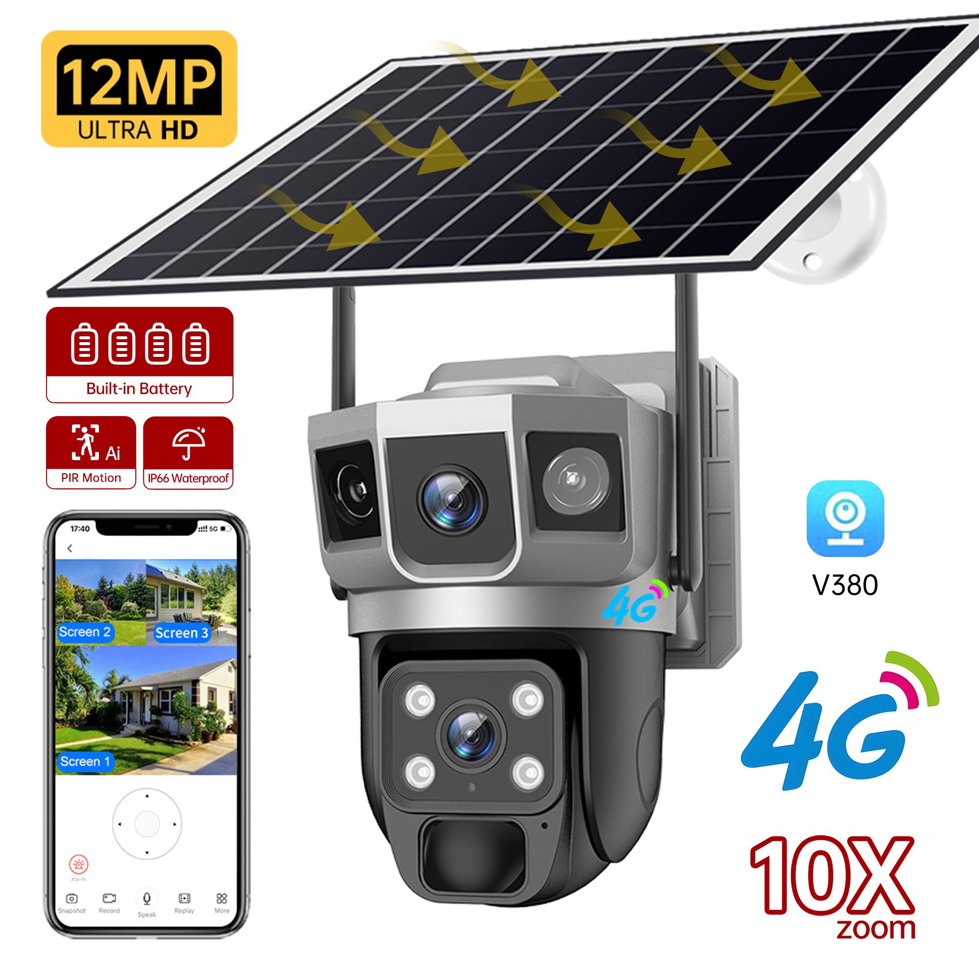 

12MP Solar Camera 4G Sim Card Dual Lens Three Screen Cameras PIR Human Tracking Low Power Battery CCTV Security Protection V380 4G Camera No Card білий