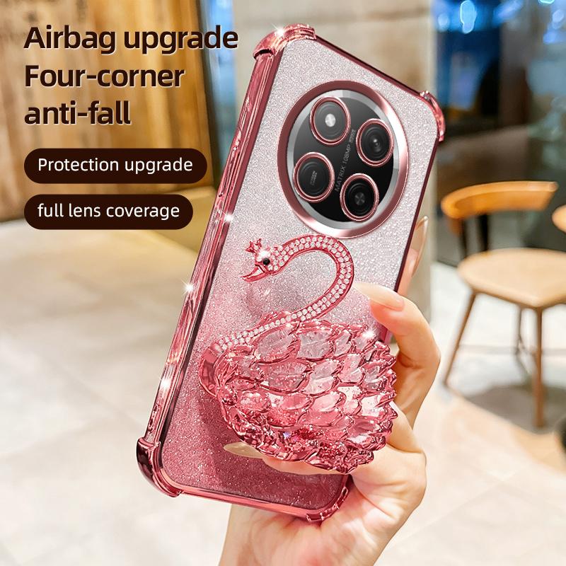 KEYSION Shockproof Plating Phone Case for HONOR X9c 5G Clear TPU Glitter Jewelled Swan kickstand Cover for Huawei Magic7 Lite 5G