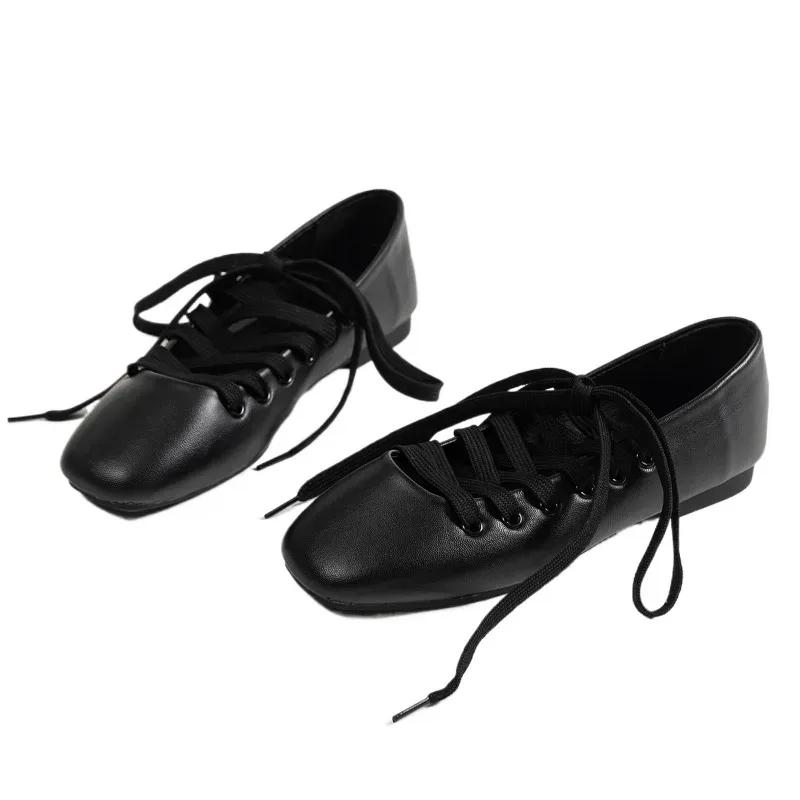 Women Ballet Flats Shoes Square Toe Lace-up Loafers Shoes Woman 2025 Trend Winter Designer Elegant Office Shoes Casual Sneakers