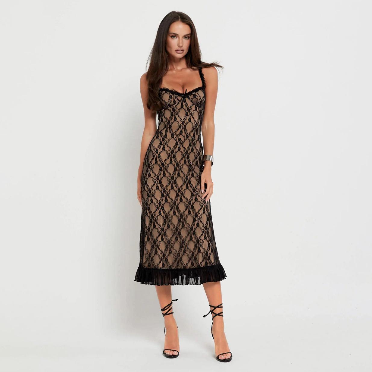 Женская Модная Одежда Весна Лето Новое Двухслойное Кружевное Сексуальное Горячая Девушка Тонкий Подол Сращенный Ремешок Длинное Платье S чёрный