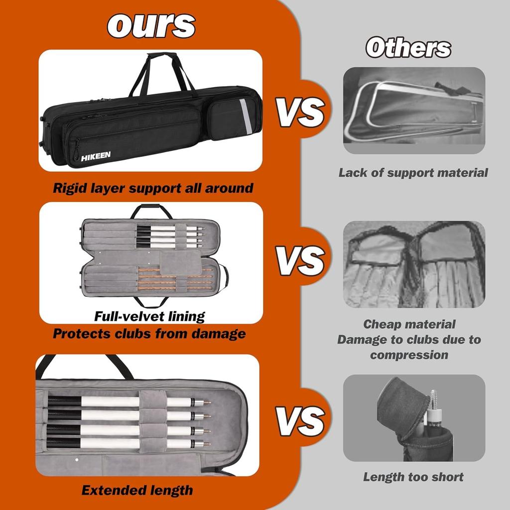 Hikeen Hard Pool Cue Case, 4x4 Capacity, Soft Velvet Lining, Adjustable Shoulder Strap, Compatible with Billiard Accessories