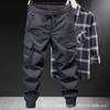 Casual overalls men's spring and autumn loose tied feet multi-pocket solid color overalls men