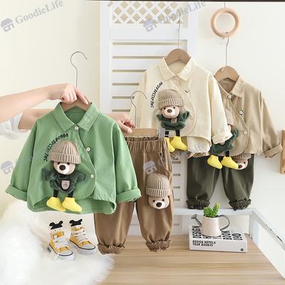2025 Baby Bear Shirt & Pants Set – Cute Cotton Spring Outfit for Toddler Boys, Teddy Bear Print 2-Piece Clothes