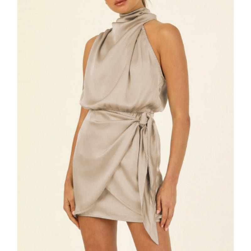 Women's Spring Summer Formal Satin Mini Dress High Neck Sleeveless Knot Waist Cocktail Party Bodycon Dress