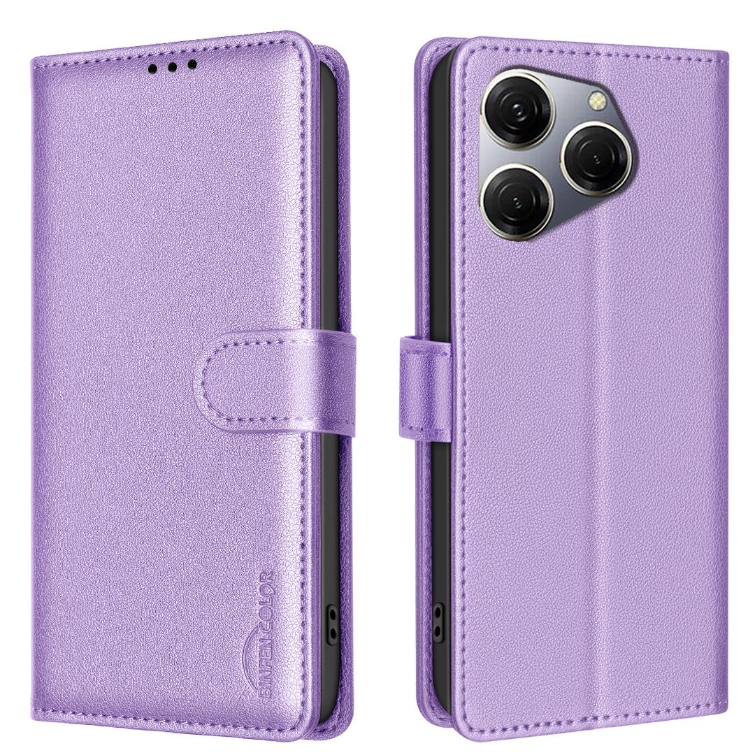 

BINFEN COLOR BF32 For TECNO Spark 20 Pro Leather Case RFID Blocking Lychee Texture Purple