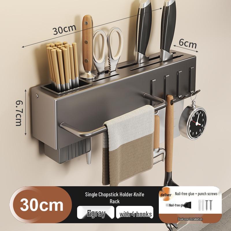 

Wall-Mounted Multi-Functional Kitchen Rack: Knife, Cutlery, and Chopsticks Holder.