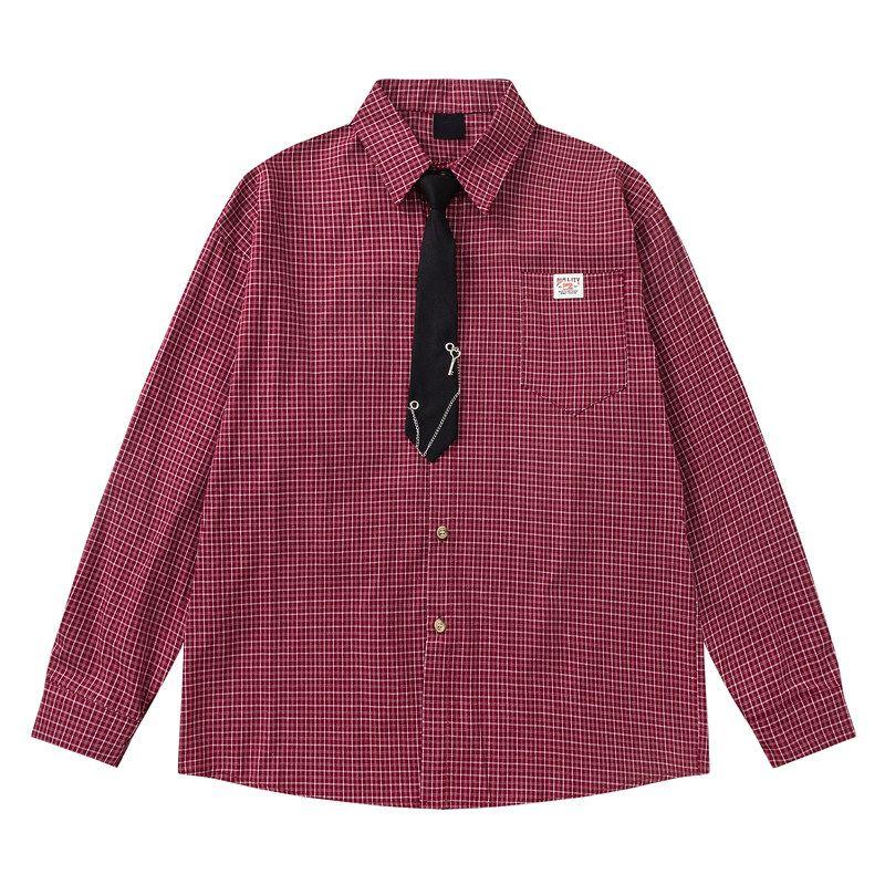 51 Hip-Hop Trendy Brand College Style Tie Plaid Shirt for Men and Women American Style Color-Blocking Vintage Versatile Couple Long-Sleeve Shirt