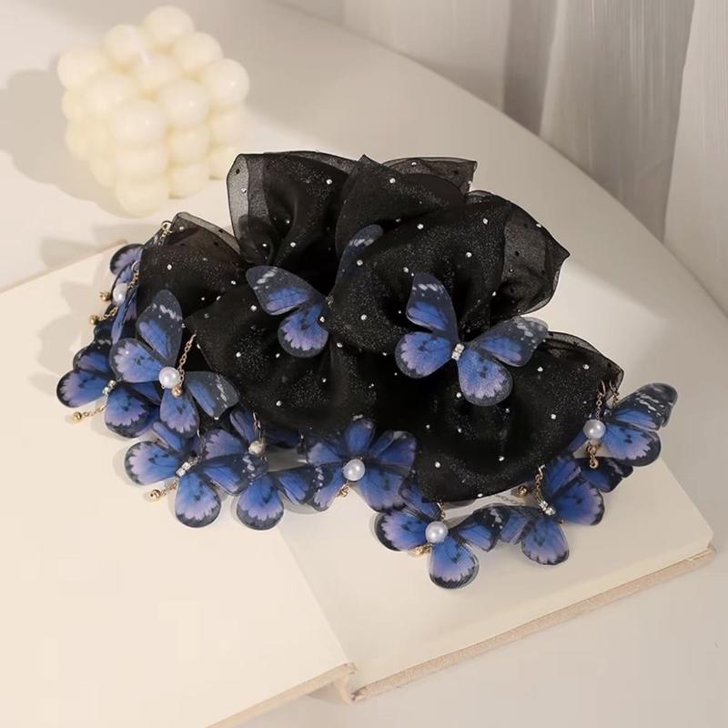 Fashion Elegant Butterfly Tassel Hair Claw Temperamental Mesh Shark Clip Ponytail Hair Clip Hair Accessory For Women