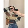 Loose Fit Short Knit Sweater Women V Neck Color Block Tie Detail Lazy Style Autumn Winter Casual Top