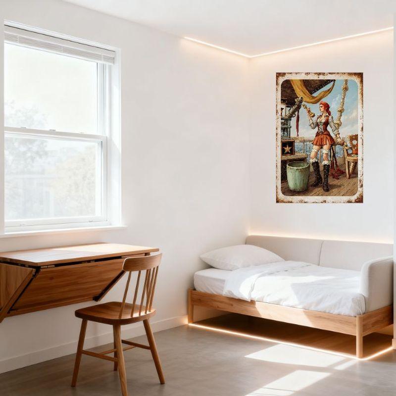 Sexy Red-Haired Woman On Ship Wooden Deck Vintage Tin Sign, High Ponytail White Blouse Corset Vest Red Skirt Garter Belts Black