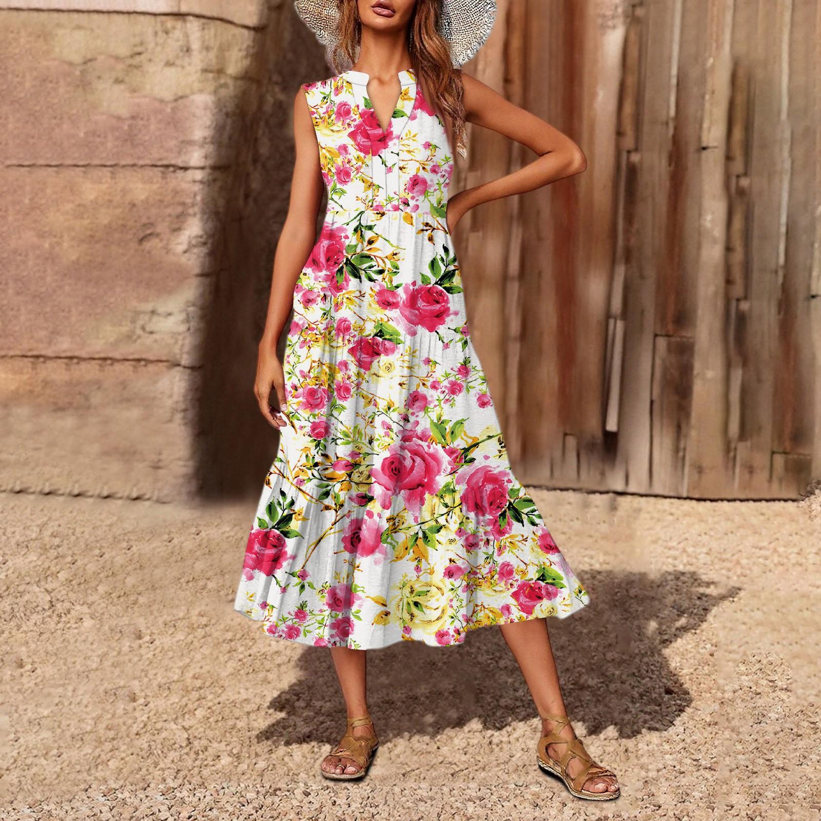 

Женское повседневное и модное платье средней длины с V-образным вырезом без рукавов и принтом L