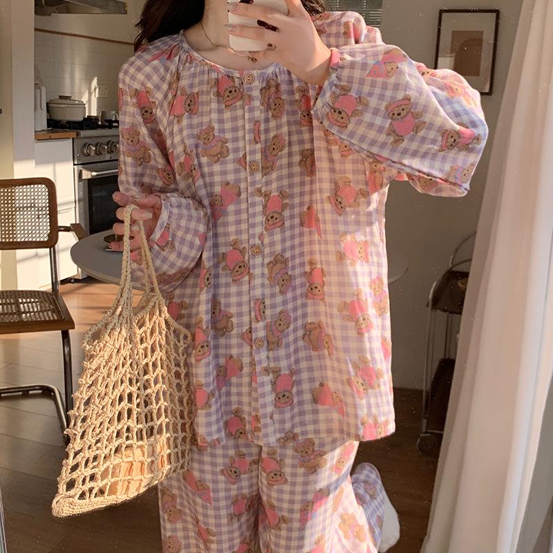 Ladies' Cartoon Pajama Set: Cotton Gauze, Long Sleeve & Pants, Thin Cardigan, Spring/Autumn Style.