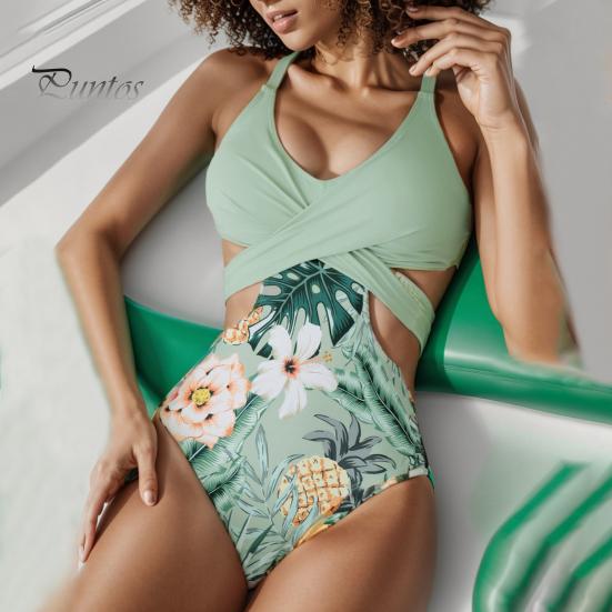 Monokini Estivo da Donna Profondo Scollo a V Senza Maniche Costume da Bagno Intero Colore Patchwork Hollow Out Schiena Scoperta Allacciatura Beachwear