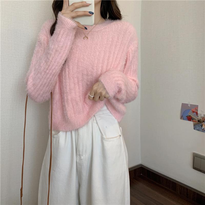 Y2K Cropped Sweater Pink Furry Solid Korean Fashion Pullover Knitted Sweaters Autumn Winter Long Sleeve Harajuku Jumper Sweater