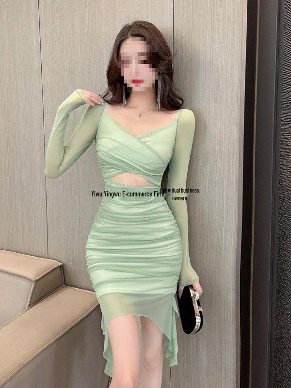 2024 Spring Mesh Waist-Slimming Bodycon Dress - Women's Irregular Hip-Hugging Clubwear