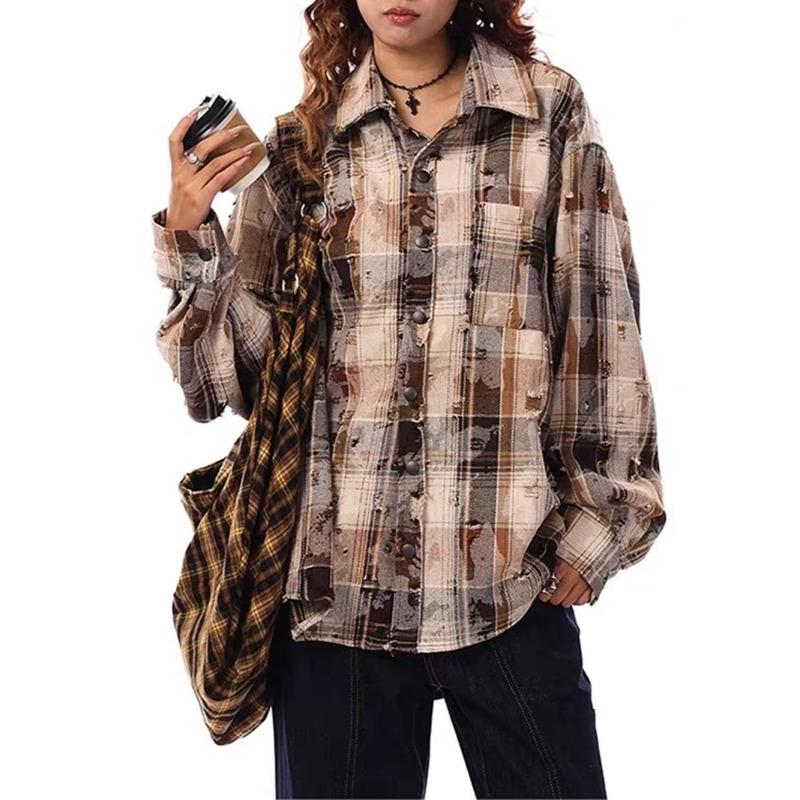 Women Loose Distressed Plaid Long Sleeve Vintage Casual Shirt Blouse Outerwear
