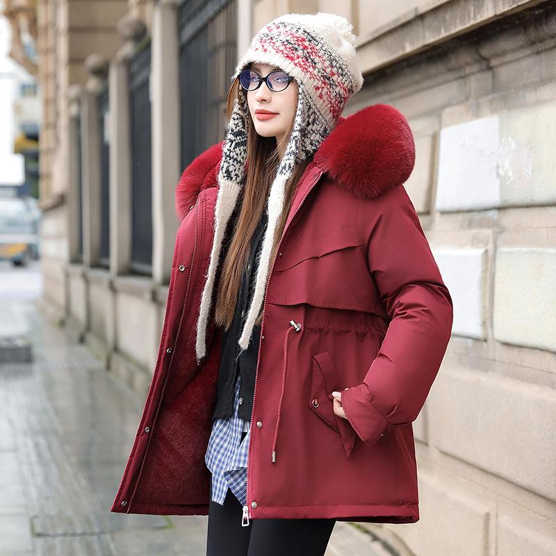 Parker Winter Damen Baumwollmantel Mittellang Großer Wollkragen Fleecegefüttert Baumwollwattiert Jacke Dicke Jacke