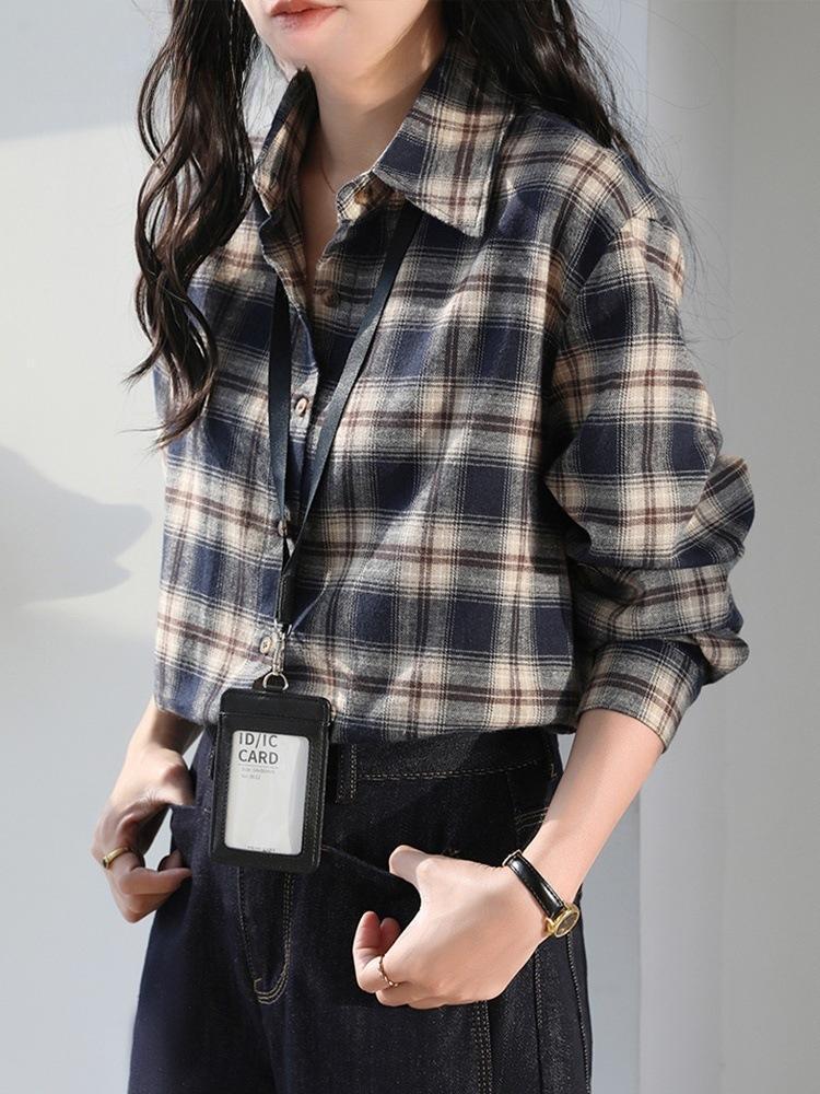 Women's Dark Blue Retro Plaid Shirt Jacket - Autumn/Winter 2025 New Korean Style Long Sleeve Top
