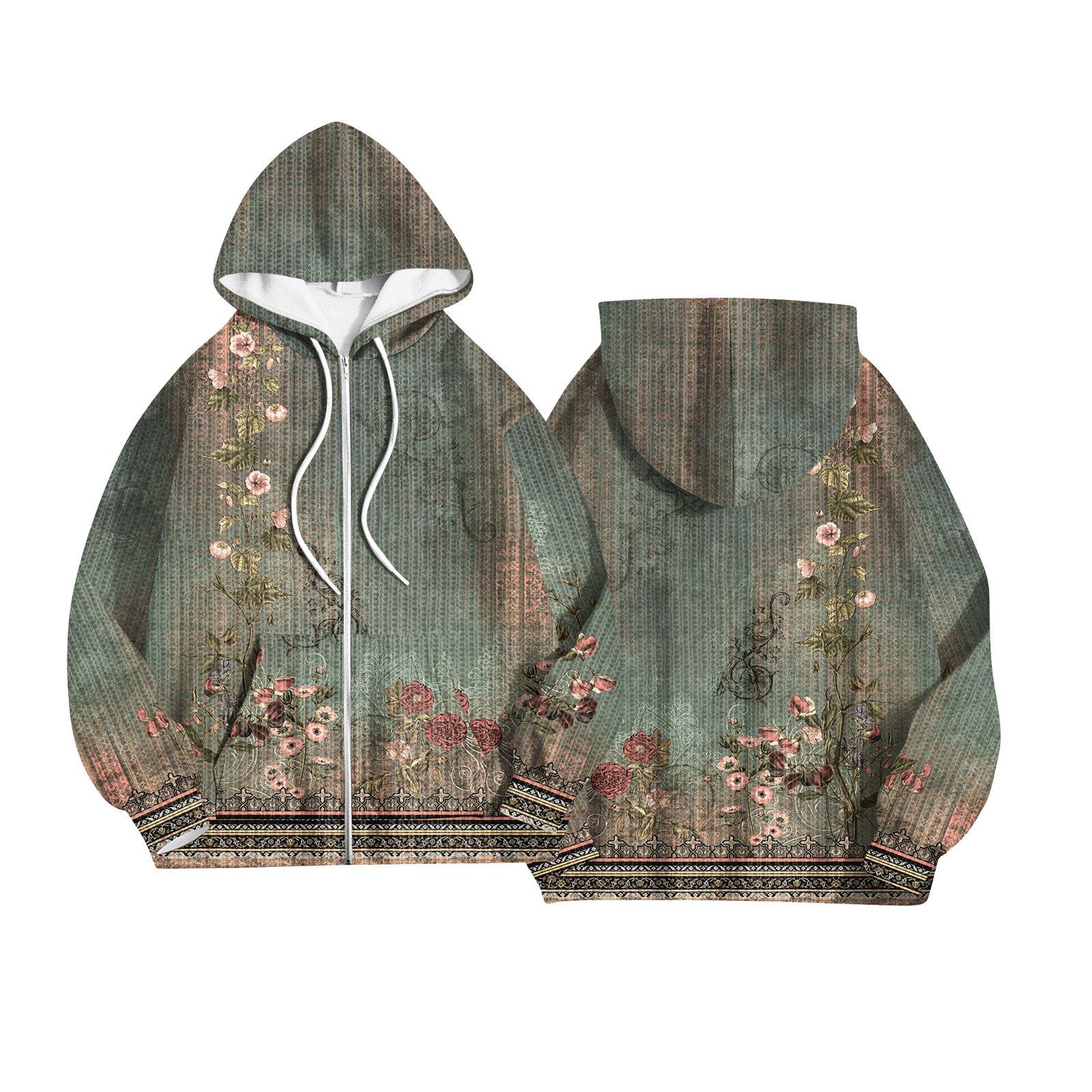 Women s Fashion Jacket Casual Printed Long-sleeved Hooded Cardigan Sweatshirts L армия зеленый