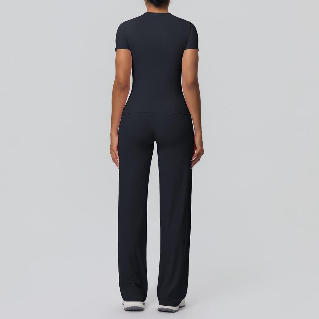 Tvådelad Enfärgad Yoga-dräkt: Dubbelsidig borstad långärmad topp med vida byxor för träning, löpning och fitness