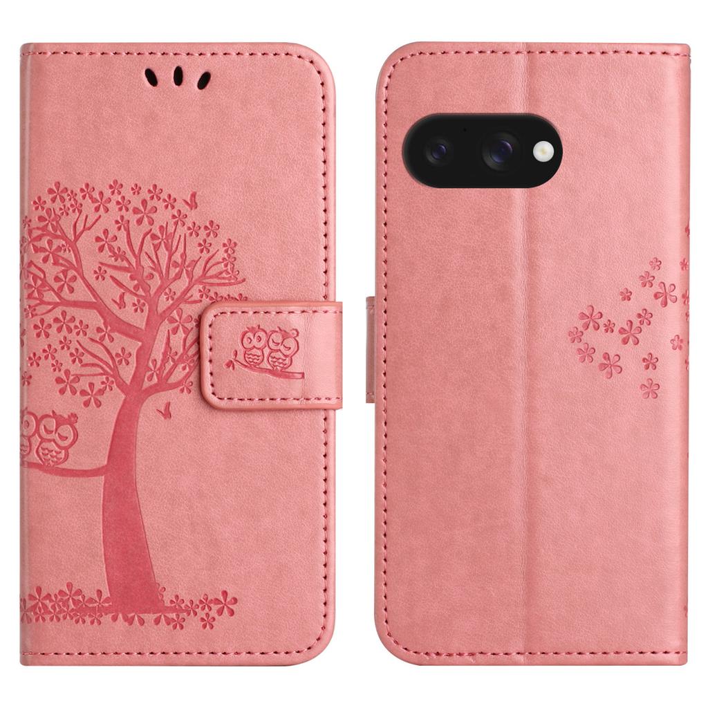 For Google Pixel 9a Case PU Leather Owl Tree Imprinted Wallet Phone Cover