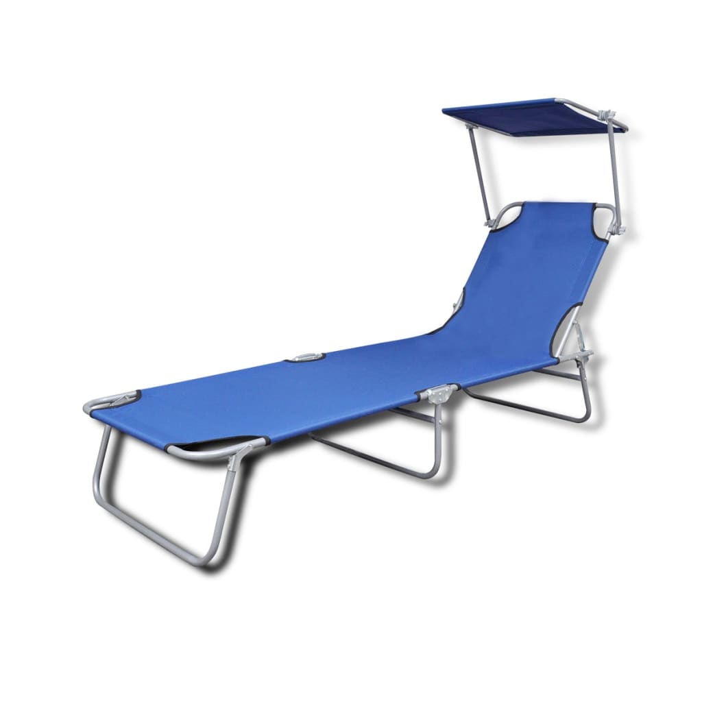 Folding Sun Lounger with Sun Canopy Steel and Fabric Blue