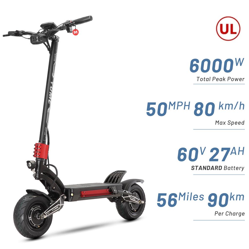 YUME Raptor Elektrická koloběžka 60V30AH 6000W Duální motor 11palcové terénní pneumatiky Maximální rychlost 80 km/h pro dospělé E-koloběžky s Bluetooth
