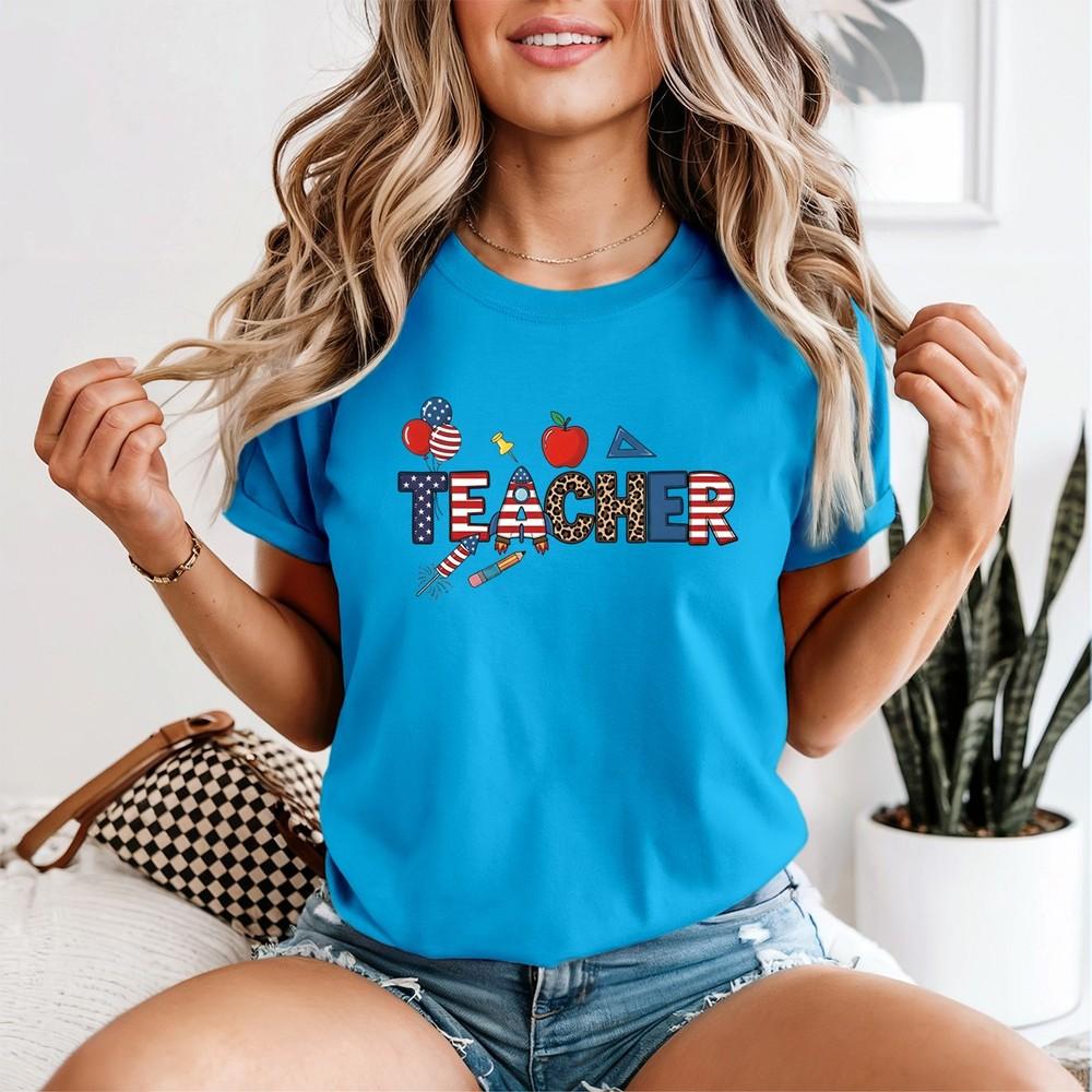 Patriotic Teacher Unisexs Tshirt Usa Crayon Leopard 4th Of July Red White Blue