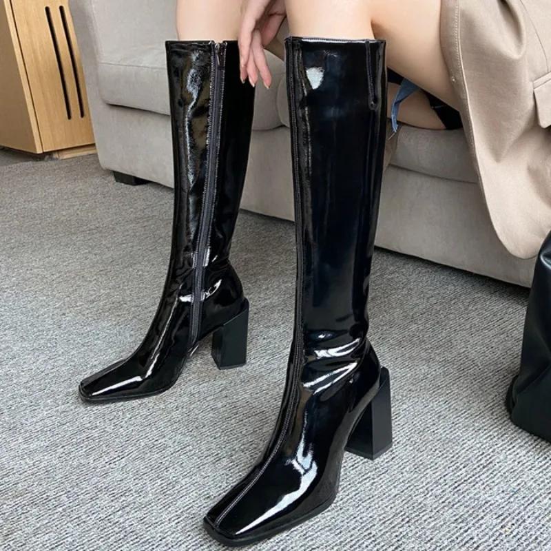 

Square-toed long boots women s autumn/Winter 2026 new style chunky-heeled high-top knee-low riding boots 35 чёрный