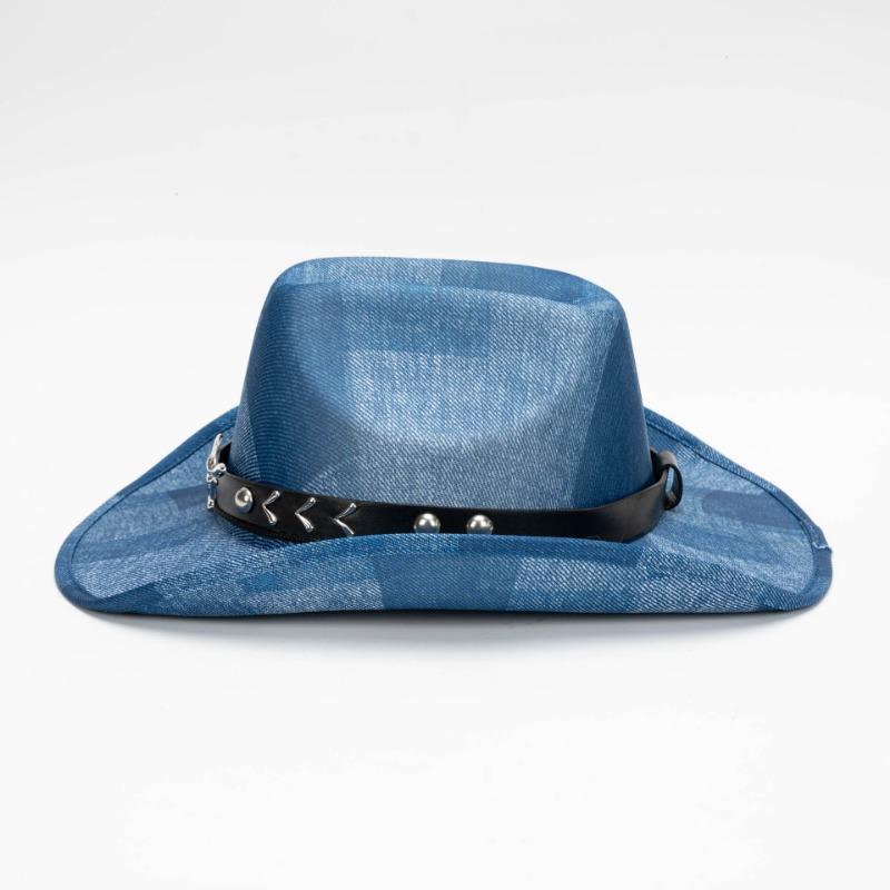 Sombrero de Cowboy de Ala Ancha con Textura de Denim Unisex con Banda de Remaches de Cabeza de Toro