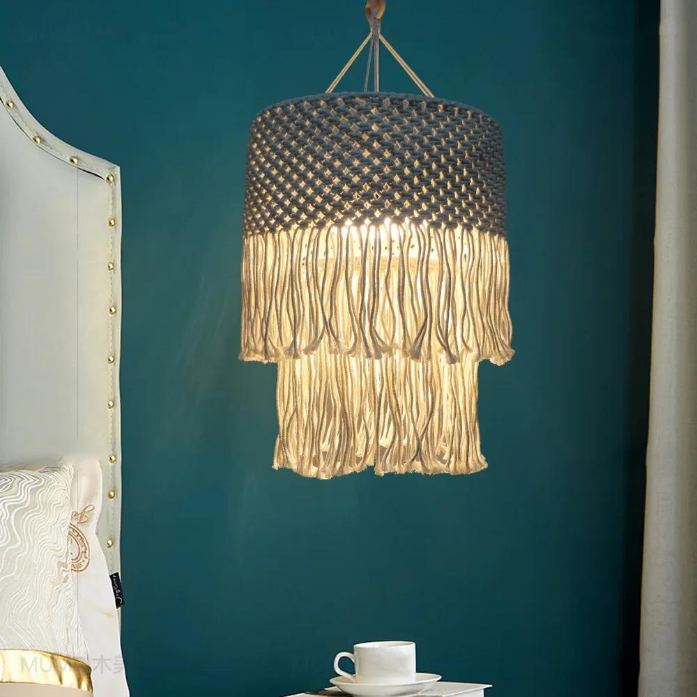 Bohemian Style Tapestry Lampshade Handmade Woven Cotton Tassel Macrame Wall Hanging Lamp Cover Ceiling Pendant for Room Decor