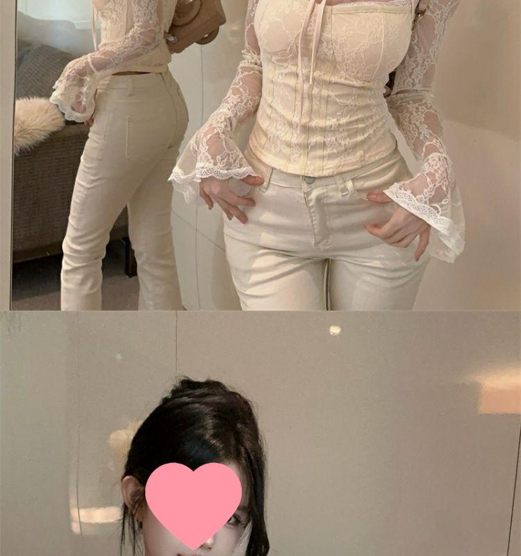 Women's Black Lace Square Neck Long Sleeve Top, Autumn Base Layer, Yù Jiě Style - Sophisticated, Elegant, Tight, Short.