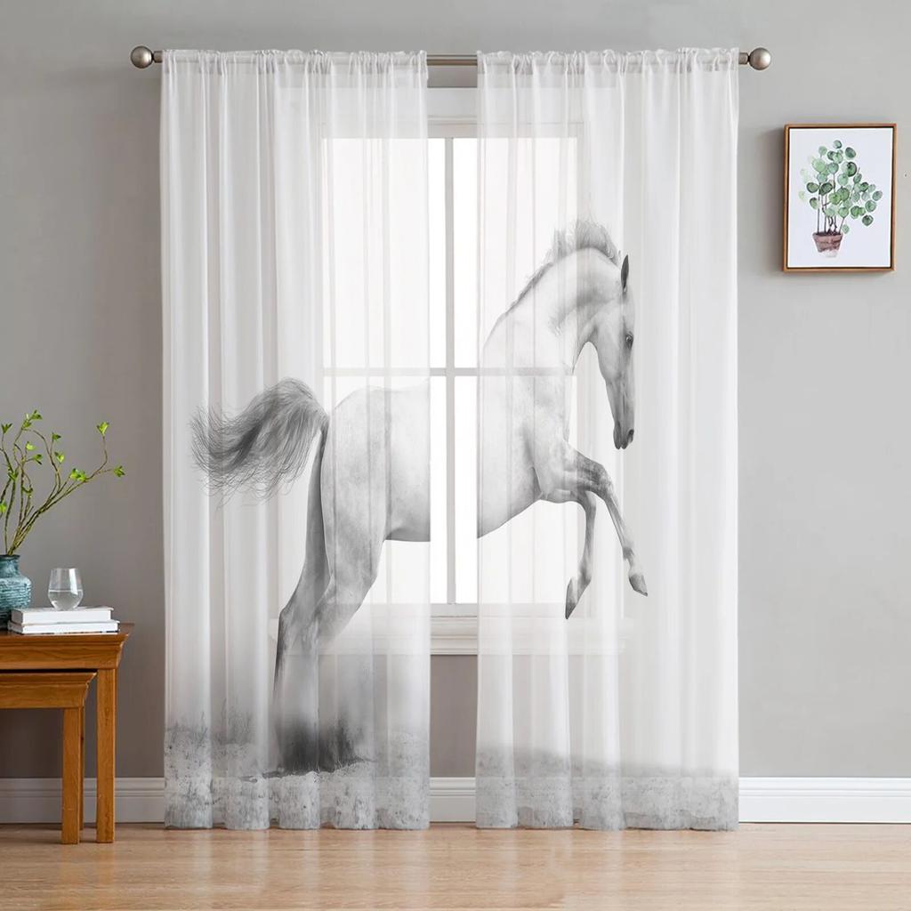 Black White Horse Watercolor Painting Modern Tulle Curtains for Living Room Bedroom Home Kitchen Window Sheer Curtains