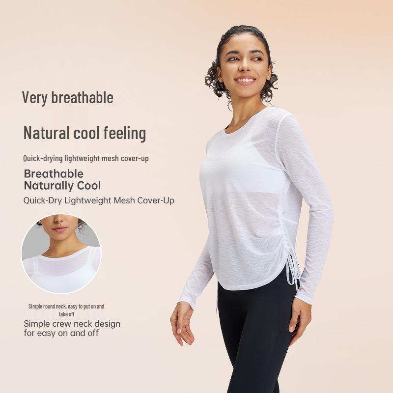 Women's Quick-Dry Mesh Yoga T-Shirt - Breathable, Loose-Fit, Long Sleeve, Drawstring Activewear