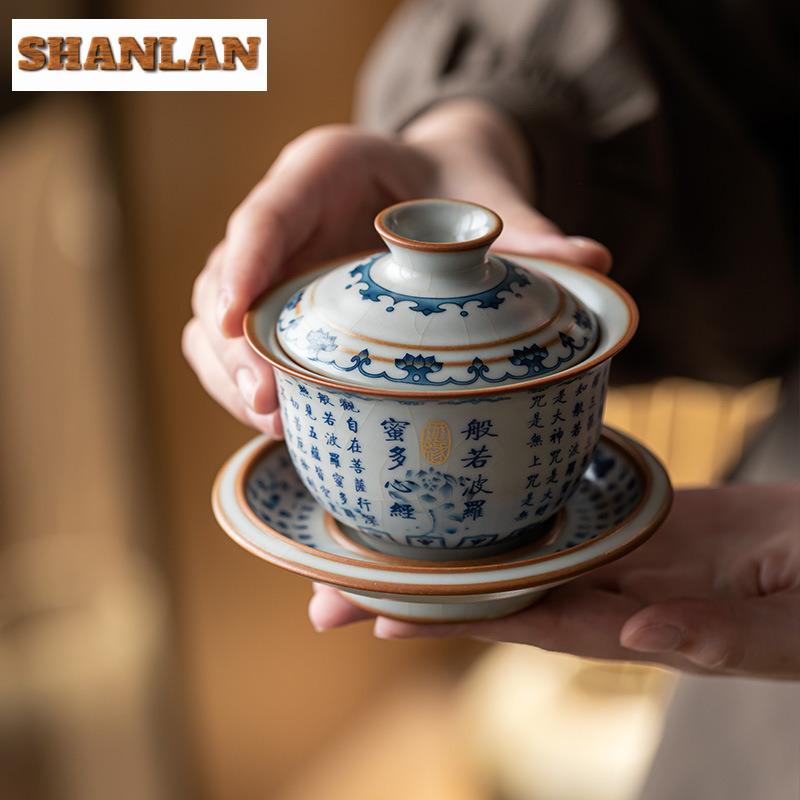 160ml Heart Sutra Ru Kiln Three-talent Gaiwan Japanese Tea Tureen Tea Bowl With Lid Kit Tea Maker Cover Bowl Tea Items Ornaments