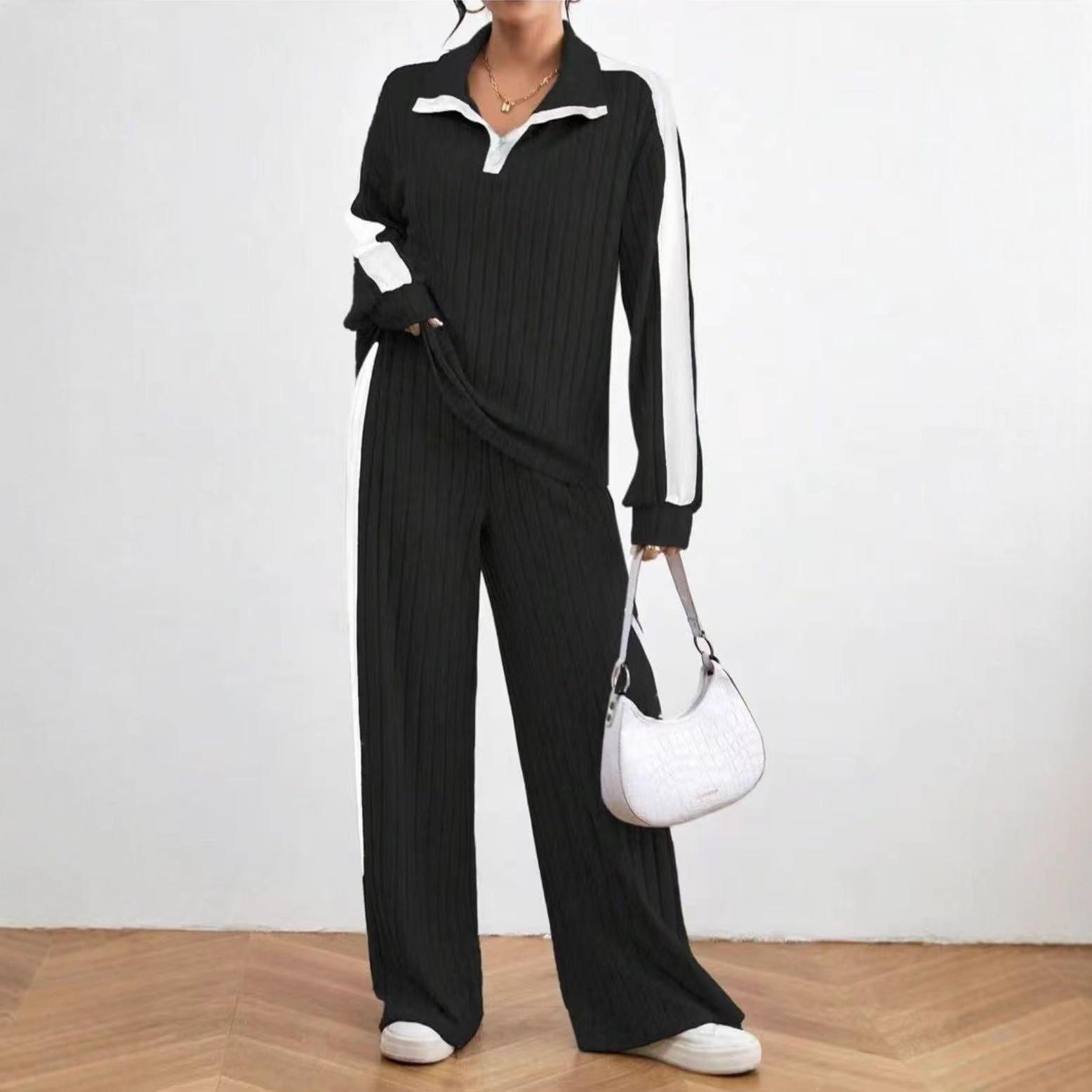 

Minimalist Sporty Color Block Two-Piece Set: Zipper Top & Wide Leg Pants XXL чорний