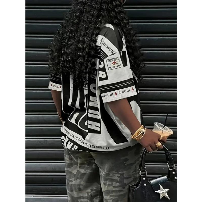 Large American Retro BLACK Printed Short Sleeved T-shirt For Women's Street Style Loose And Slimming Contrasting Half Sleeved Top