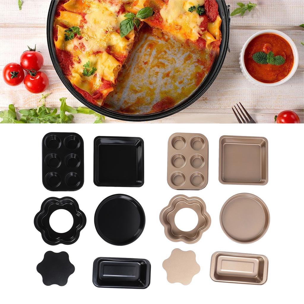 6pcs Bakeware Set Loose Bottom Carbon Steel Anti Stick Baking Pans Set for Toast Muffin Pizza