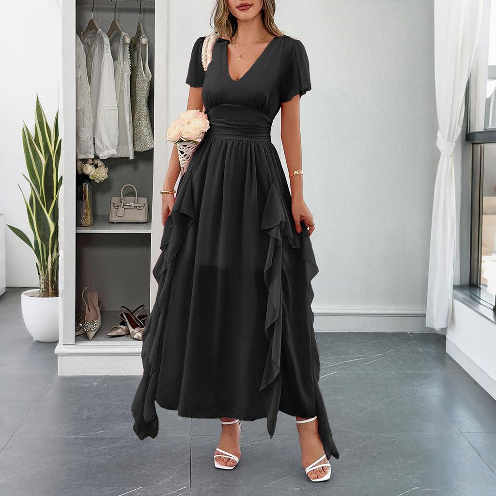Casual Vacation Style Short-sleeved Cinched-waist Long Dress for Women's Wear Spring/Summer 2025