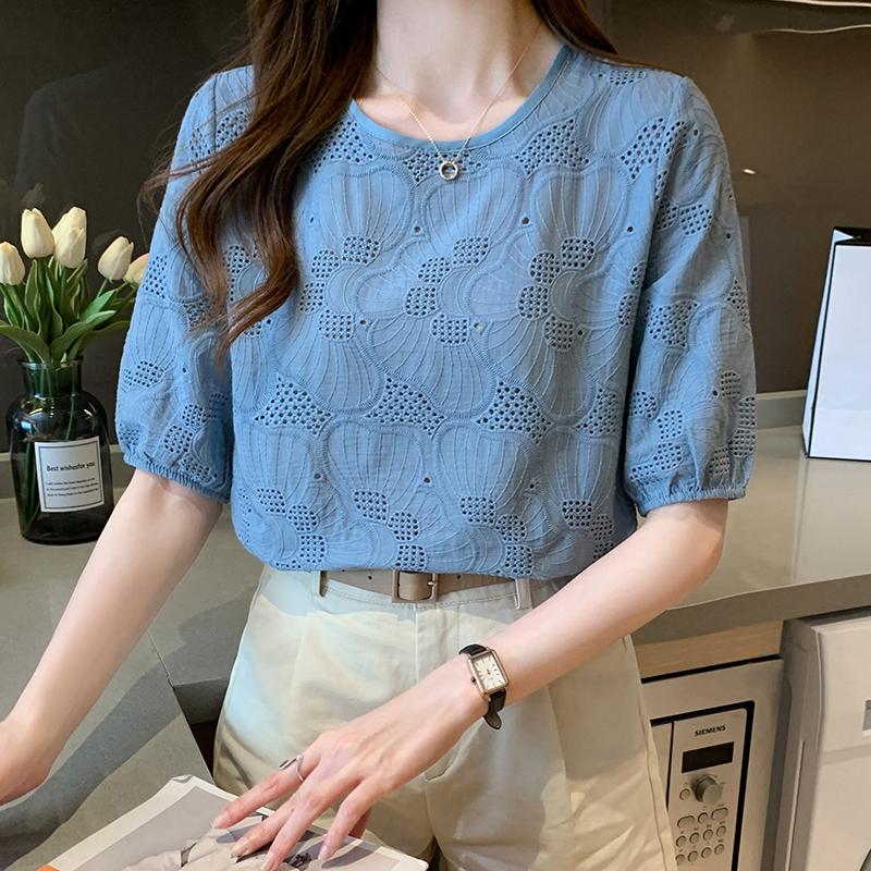 

Модная летняя синяя белая блузка с коротким рукавом, женская рубашка, топы J269 XL синий