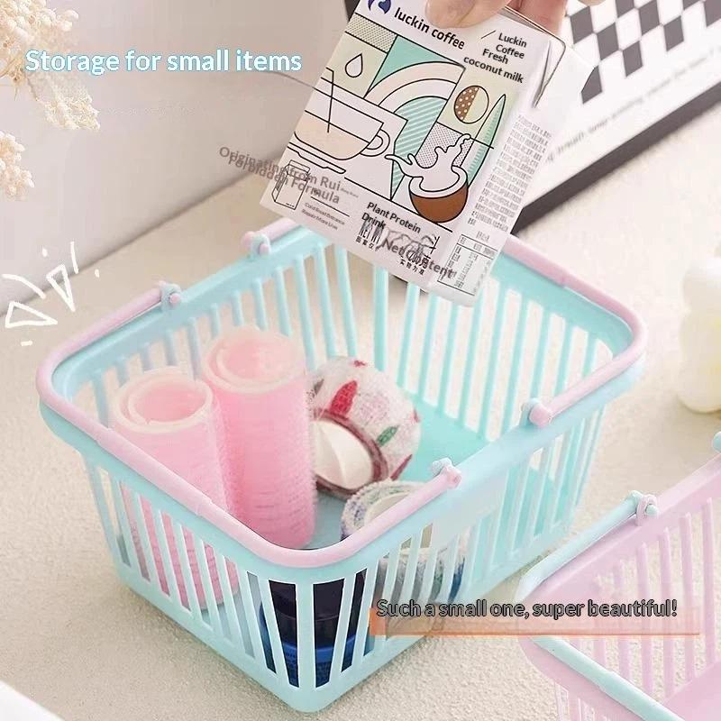 5Pc Macaron Color Mini Storage Baskets With Handle Desktop Bathroom Cosmetics Fruit Stationery Organizer