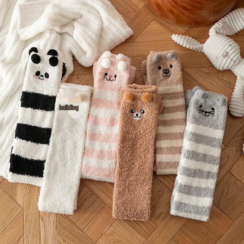Thick Coral Fleece Knee-High Socks - Warm, No-Pill, Embroidered Cartoon Floor Socks
