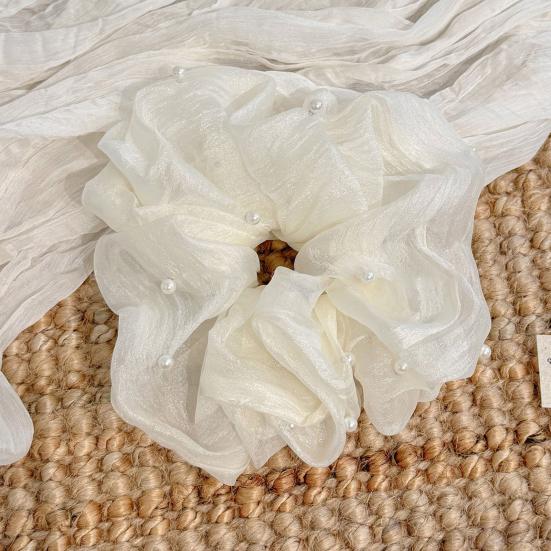 Yousheng Hair Tie for Women, Organza Fabric High Elastic Hair Rope, Pure Color Ponytail Holder with Imitation Pearls, Ponytails Buns Hair