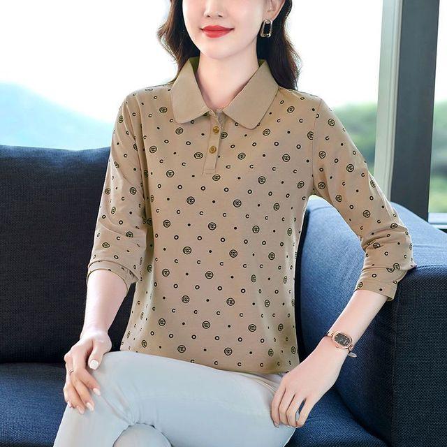 

Весна Осень Футболка с длинным рукавом Женская Новая Модная Мама Чистый Хлопок Поло Рубашка Свободный Принт Верх M-5XL L хаки