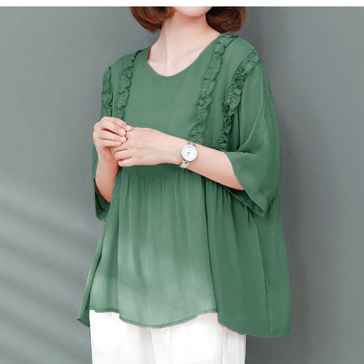 

Шифоновая блузка большого размера, женская верхняя летняя рубашка, закрывающая живот 4XL зелёный