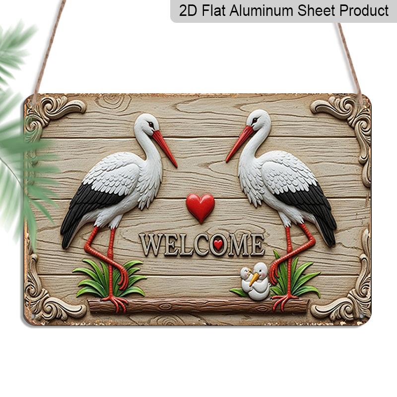 

2D Flat 1pc Welcome Sign with Storks and Heart | Manufactured Aluminium, Vintage Style, Wall Hanging, Multipurpose Decor for Christmas, Halloween 20*30cm