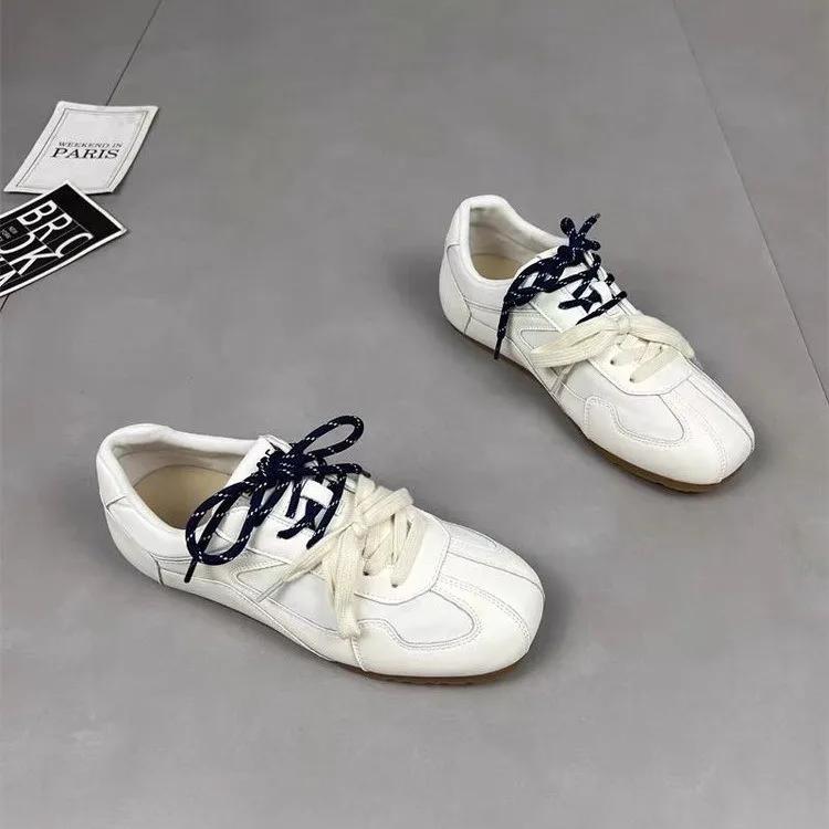 Fashion Women's Sneakers Thin-soled Designer Shoes New Wine Red Retro Cow Leather Splicing Design Walking Shoes Skeleton Correction 40
