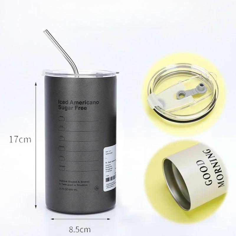 600ML Stainless Steel Insulated Cup with Straw Double-Layer Reusable Tumbler for Iced Americano Coffee Water Portable Travel Mug 600ML чёрный