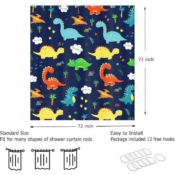 JAWO Dark Blue Cartoon Dinosaur Shower Curtain Kids, Cartoon Dinosaur Curtains Colorful Animals Plants for Boys Girls Polyester Fabric Shower Curtain